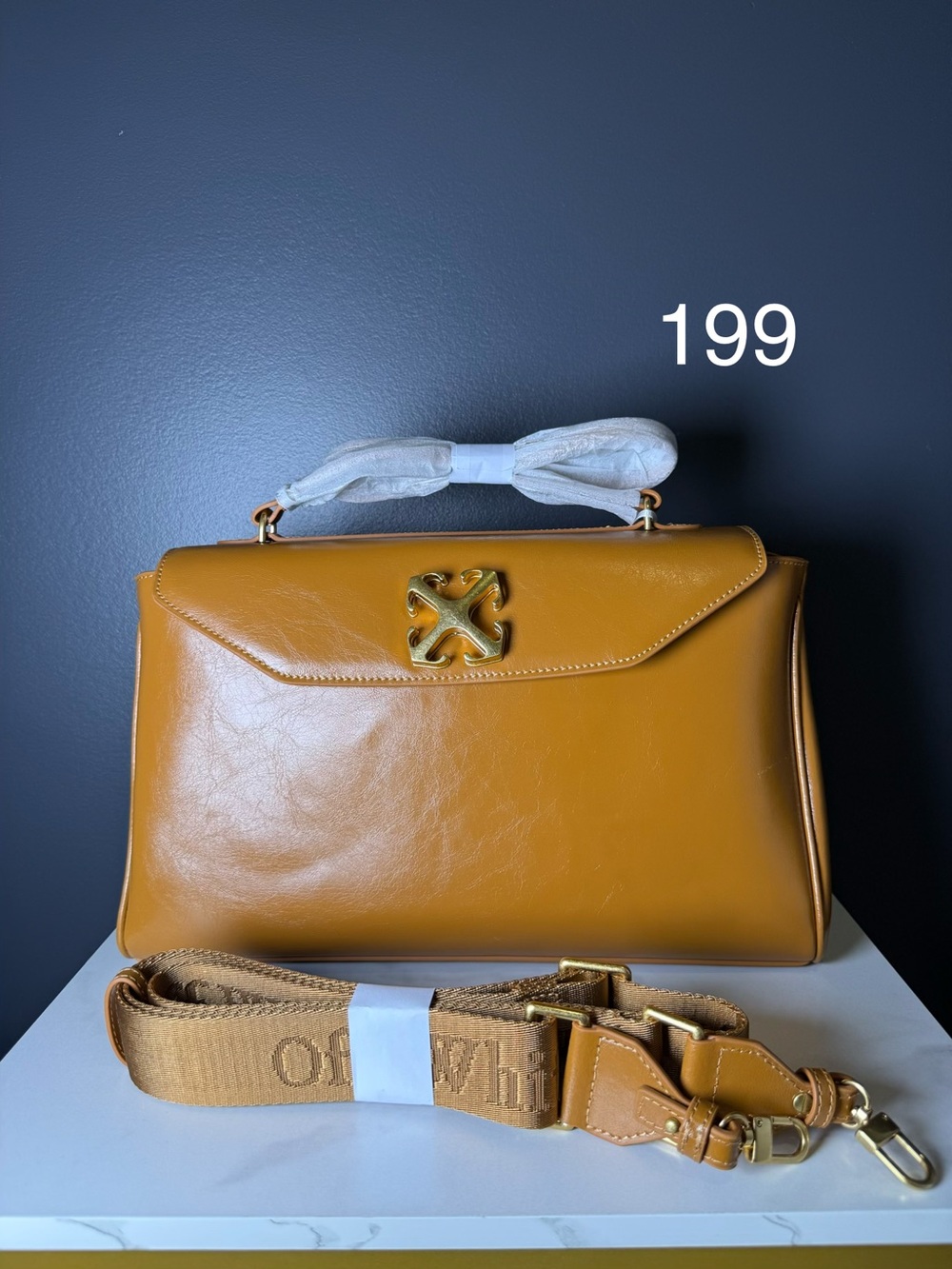 Off-White Tan Leather Top-Handle Shoulder Bag with Branded Strap